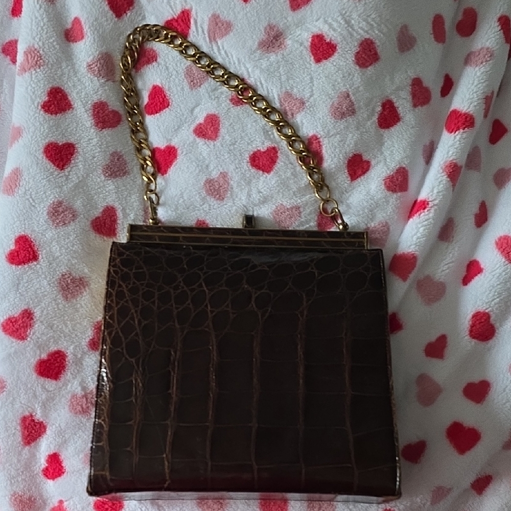 Lesco Classic Brown Croc-Embossed Chain Handle Women's Bag